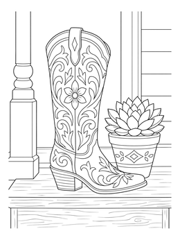 Free printable Cowgirl Boot And Porch Succulent coloring page