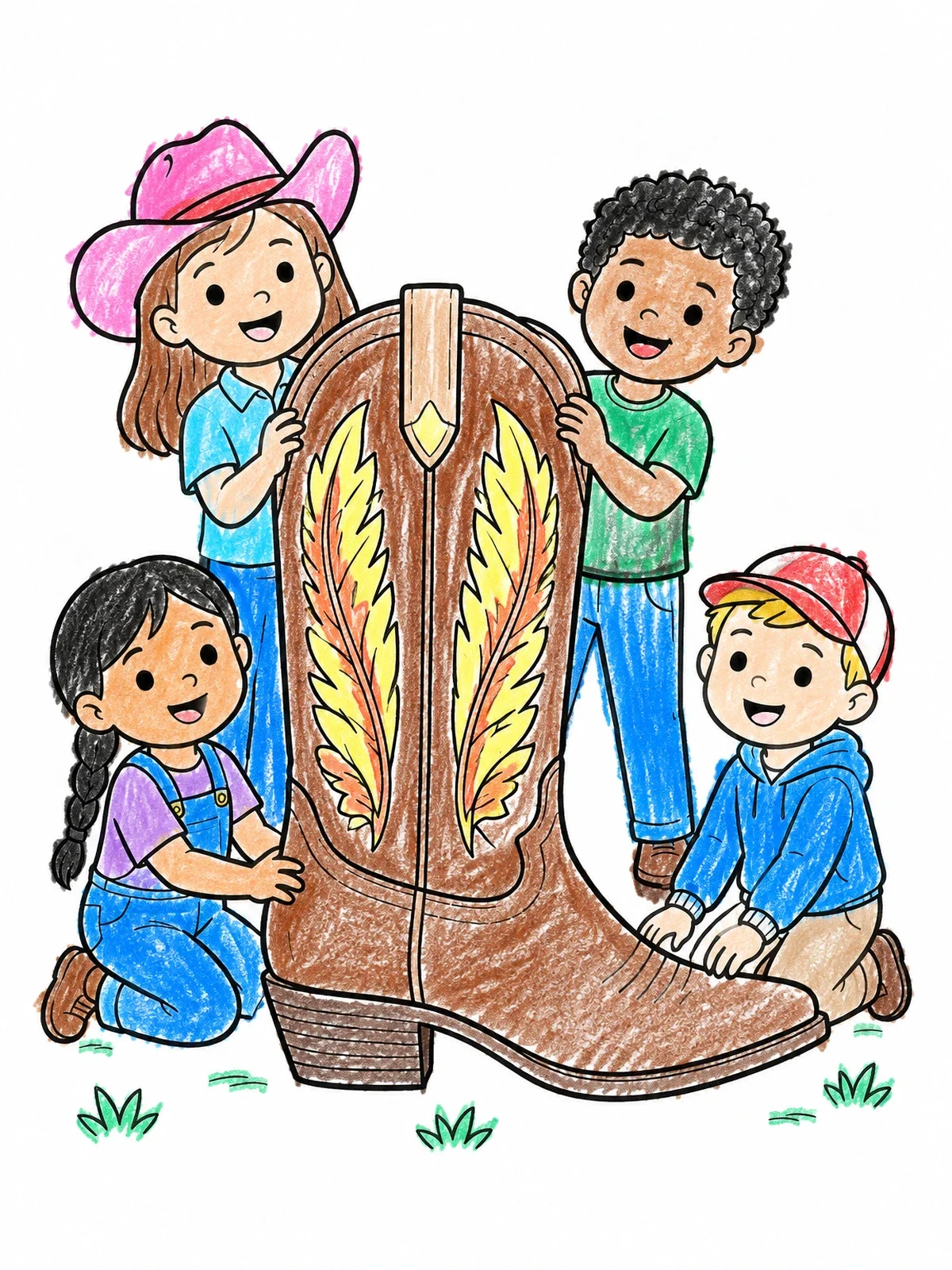 Colored example of the Children Around A Giant Cowboy Boot coloring page