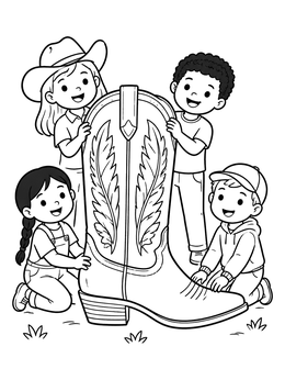 Free printable Children Around A Giant Cowboy Boot coloring page