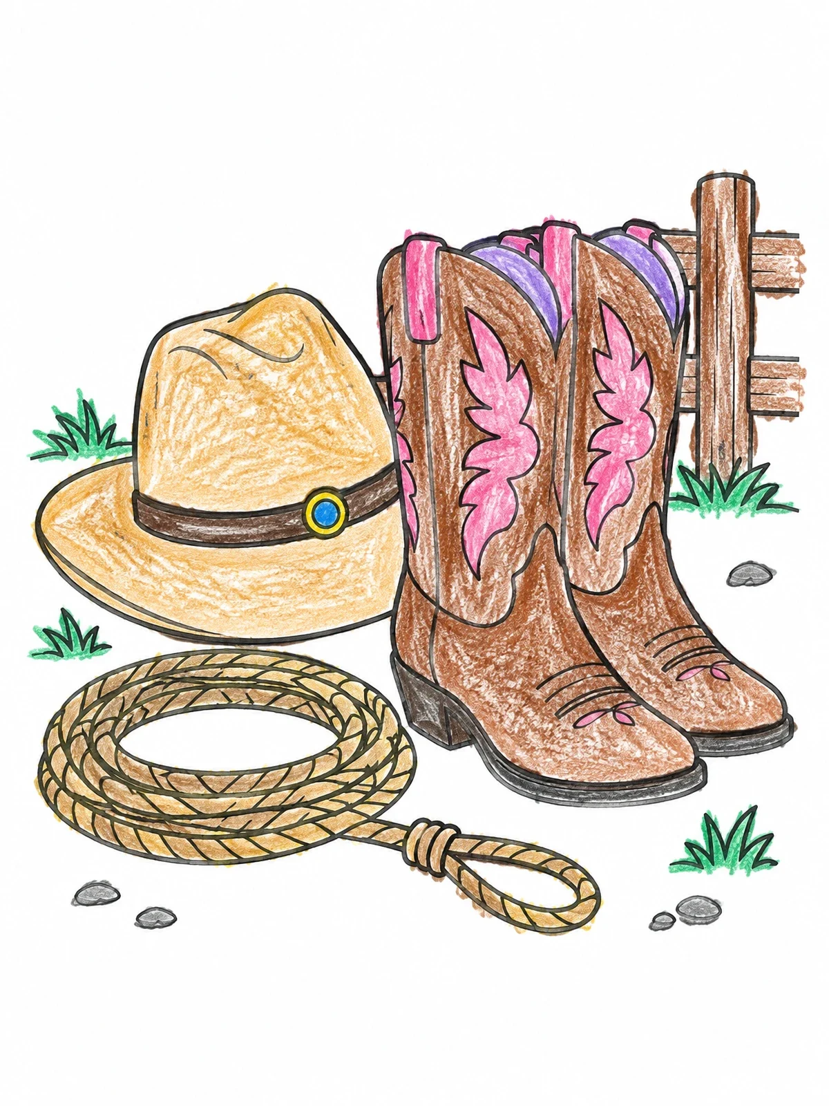Colored example of the Cowgirl Boots With Hat And Lasso coloring page