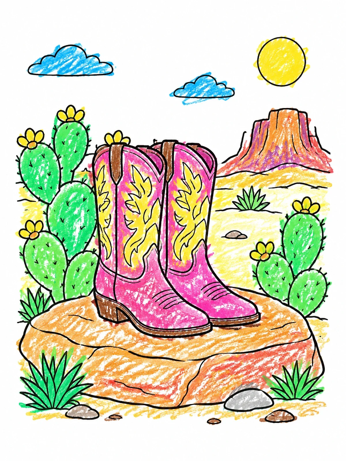 Colored example of the Cowgirl Boots In The Desert coloring page