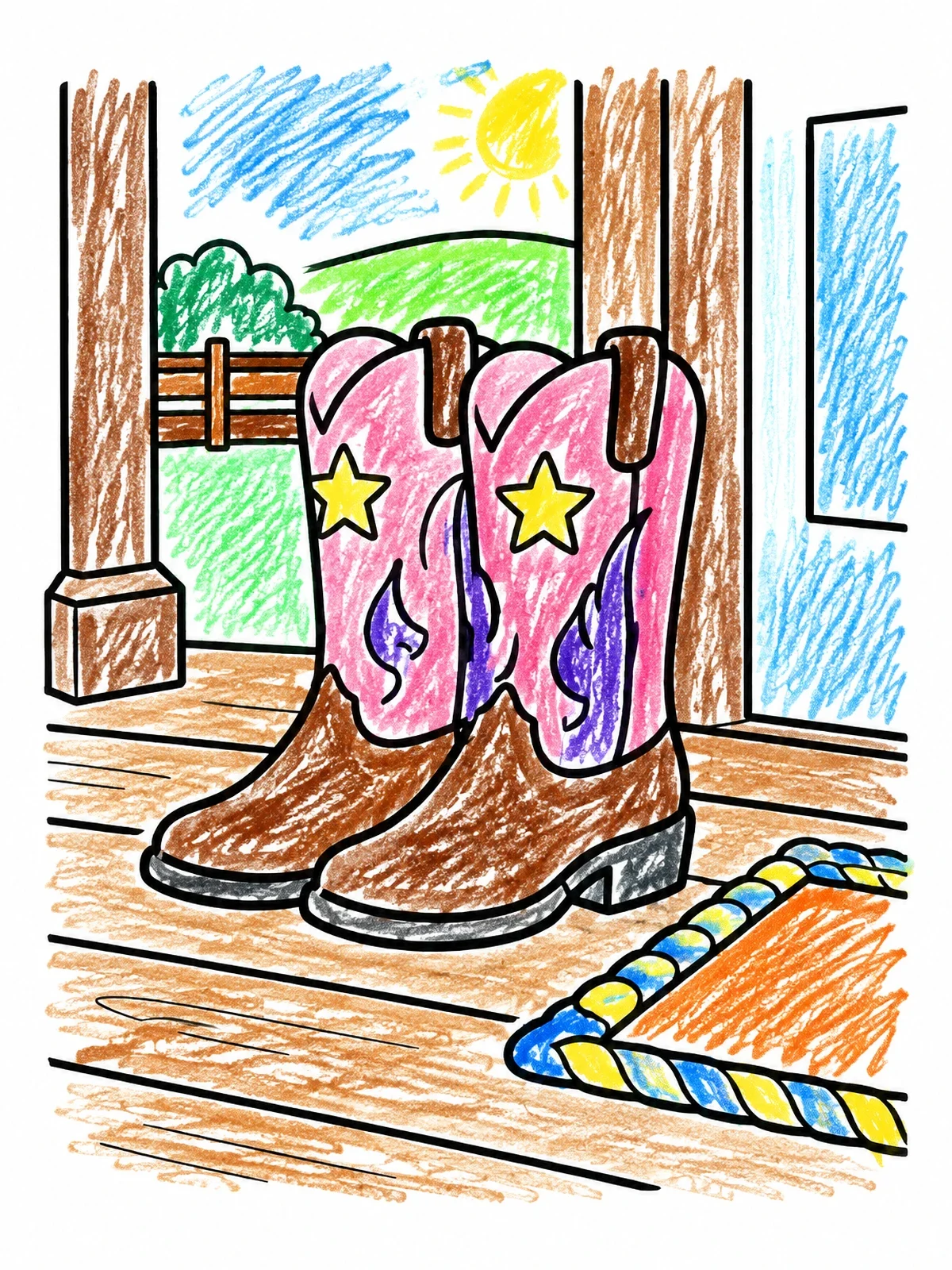Colored example of the Cowgirl Boots On Ranch Porch coloring page
