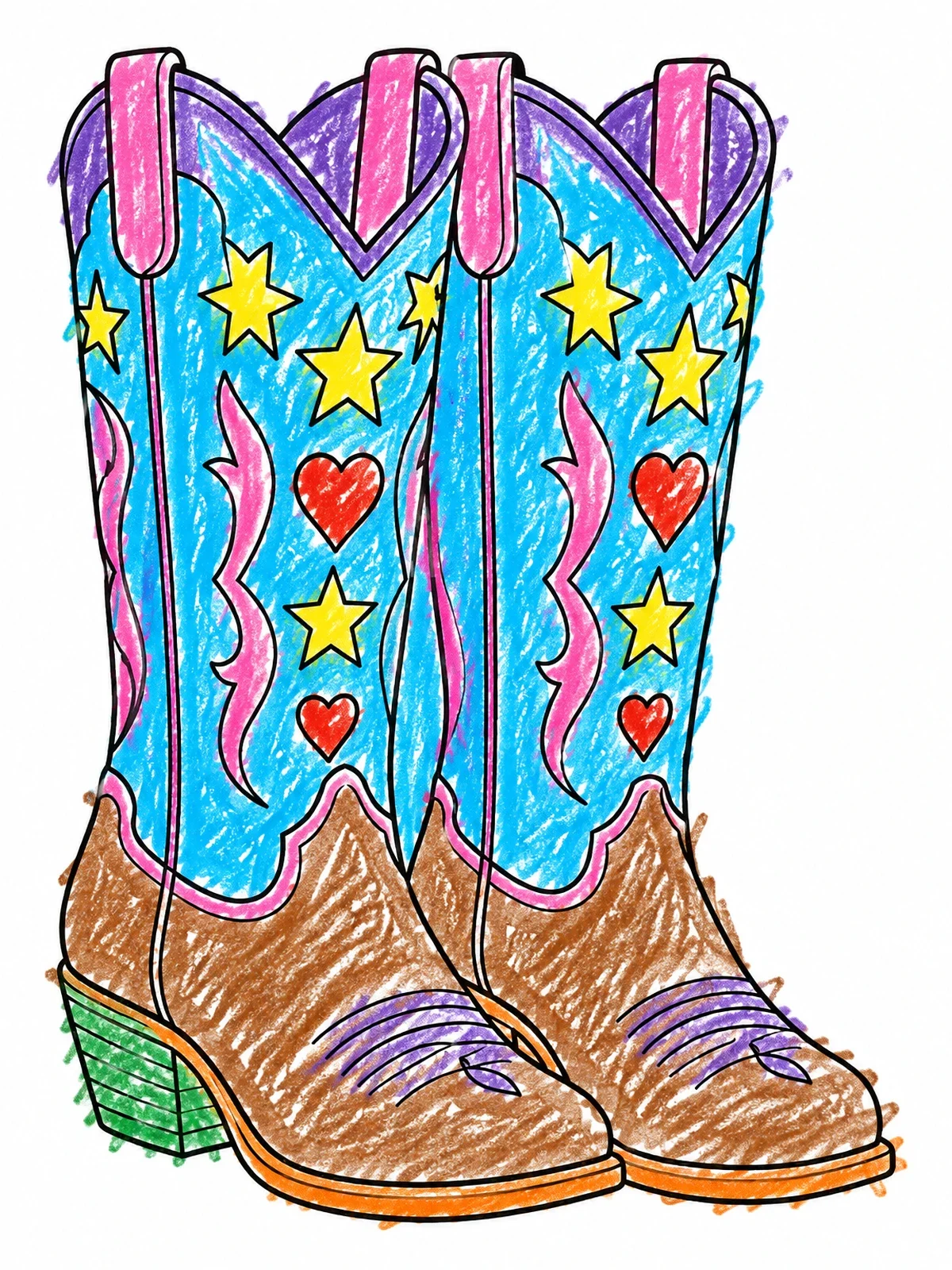 Colored example of the Cowgirl Boots With Stars And Hearts coloring page