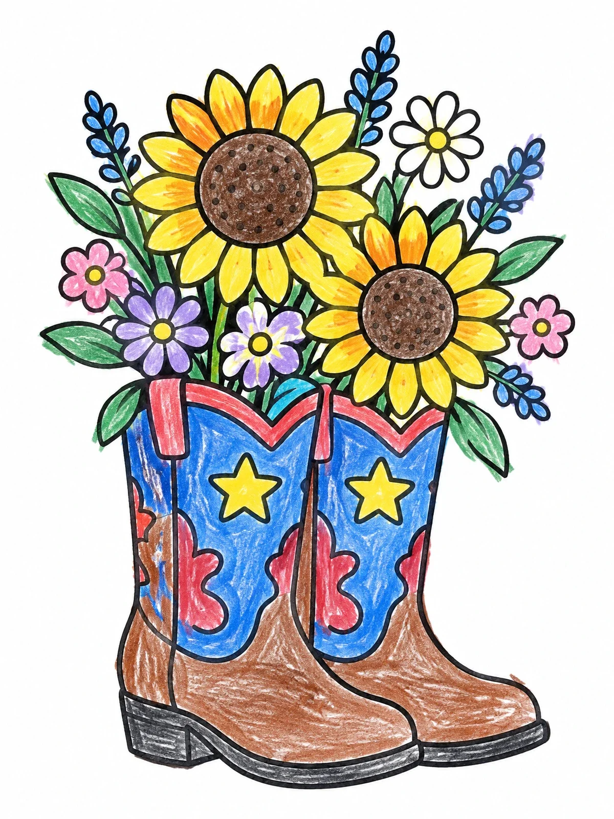 Colored example of the Cowgirl Boots With Sunflowers Bouquet coloring page