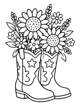 Free printable Cowgirl Boots With Sunflowers Bouquet coloring page