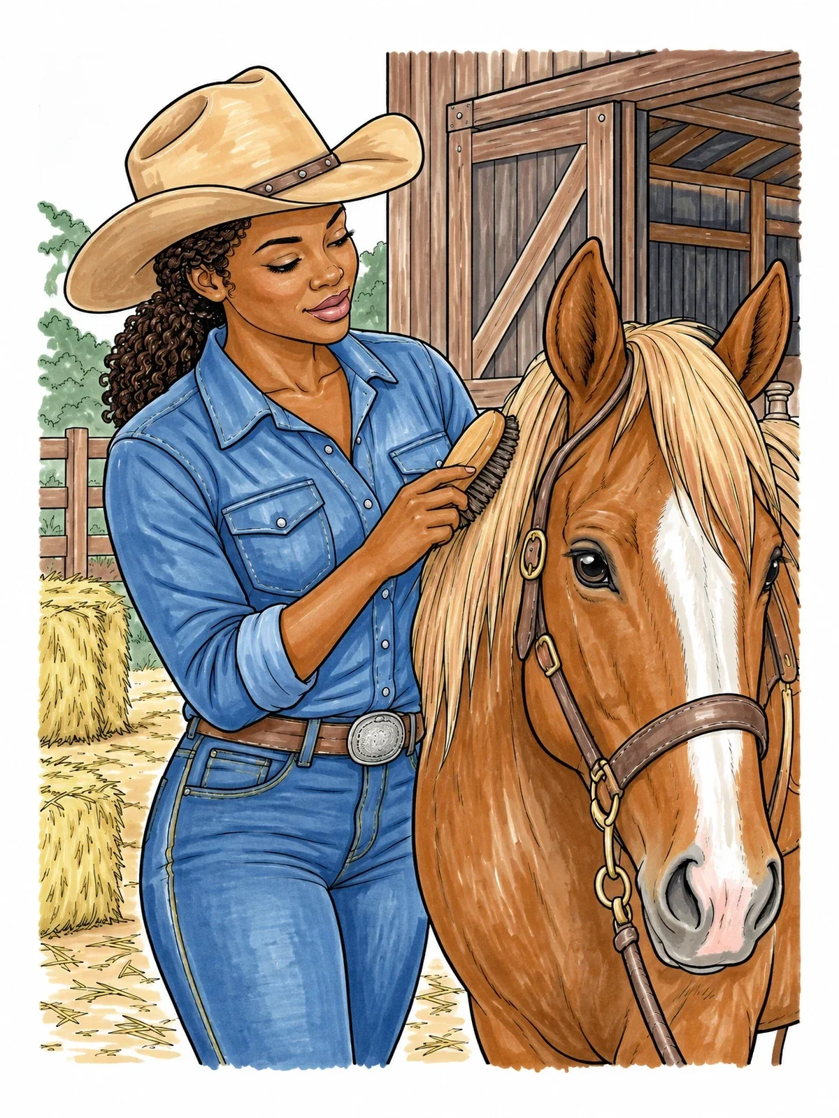 Colored example of the Cowgirl Brushing Horse Mane At The Barn coloring page