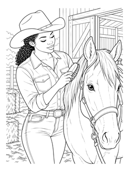 Free printable Cowgirl Brushing Horse Mane At The Barn coloring page