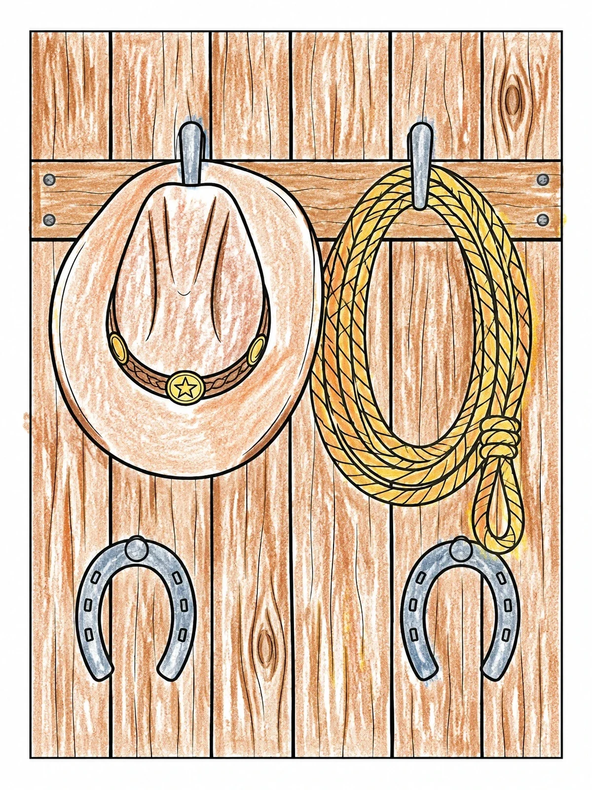 Colored example of the Cowboy Hat And Lasso On Barn Wall coloring page
