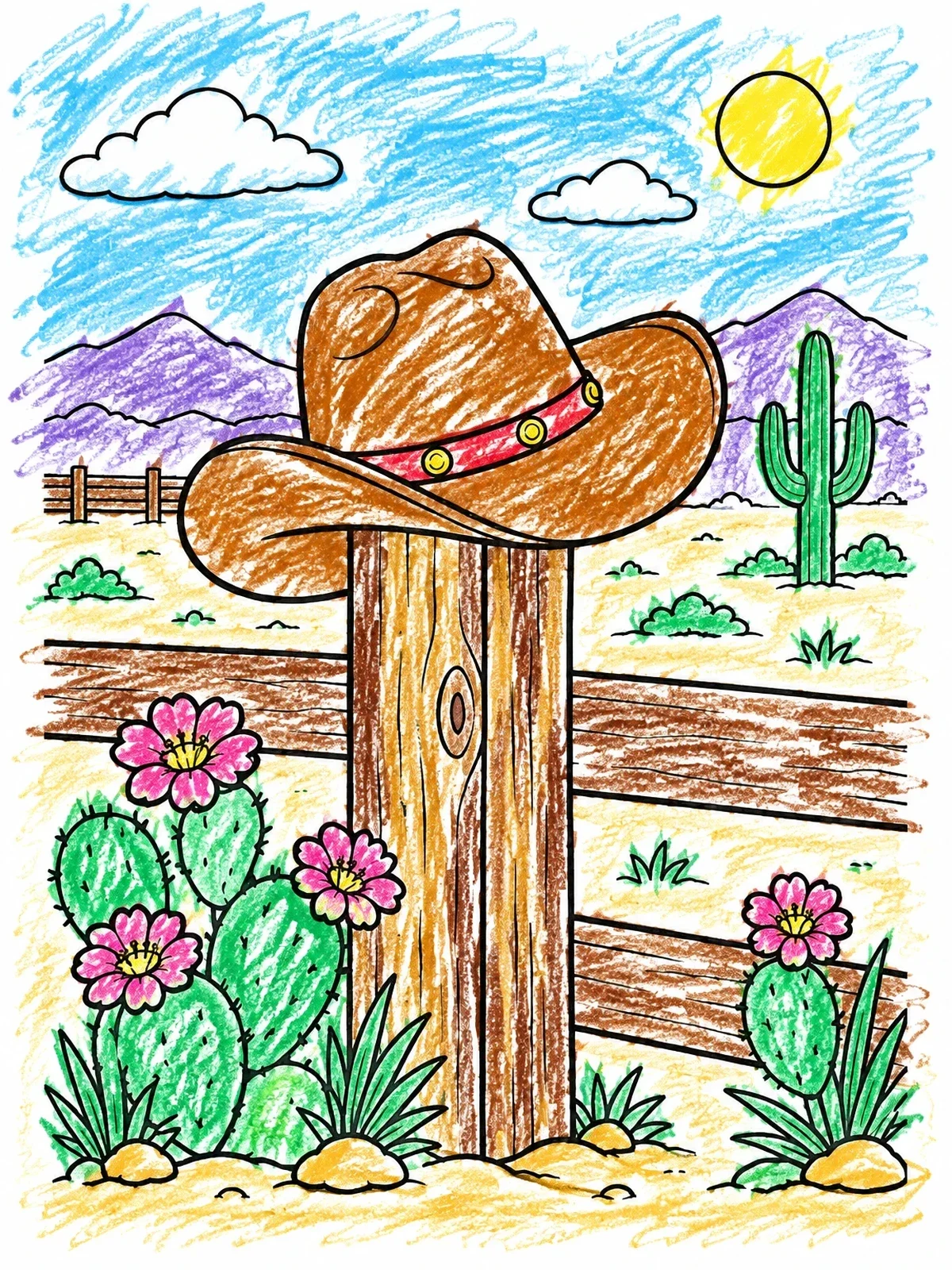 Colored example of the Cowboy Hat On Fence Post coloring page