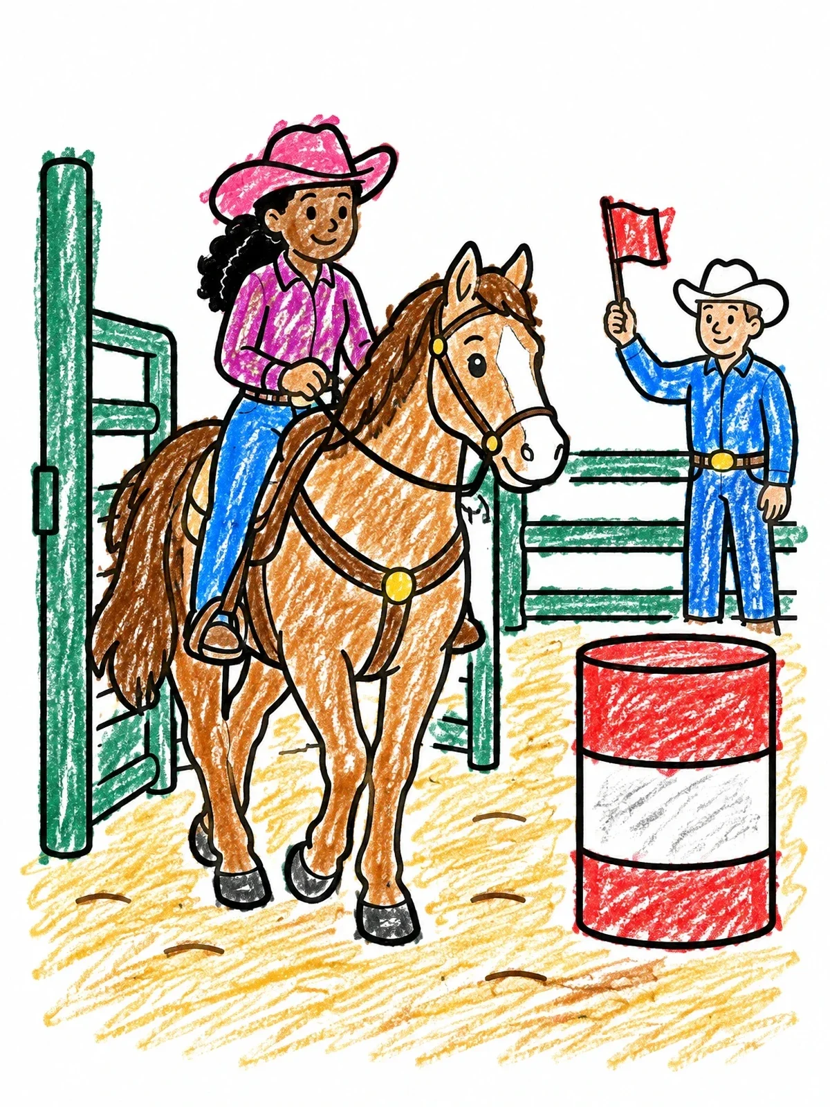 Colored example of the Cowgirl Entering The Rodeo Arena coloring page
