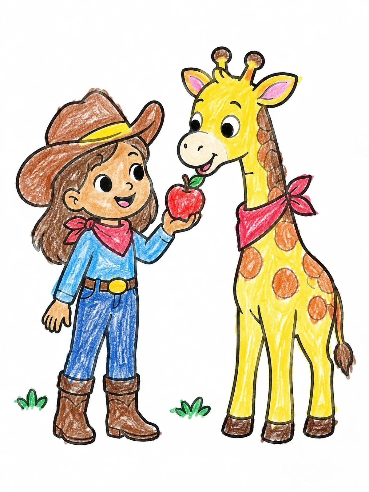 Colored example of the Cowgirl Feeding Apple To Giraffe coloring page
