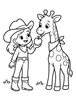 Free printable Cowgirl Feeding Apple To Giraffe coloring page