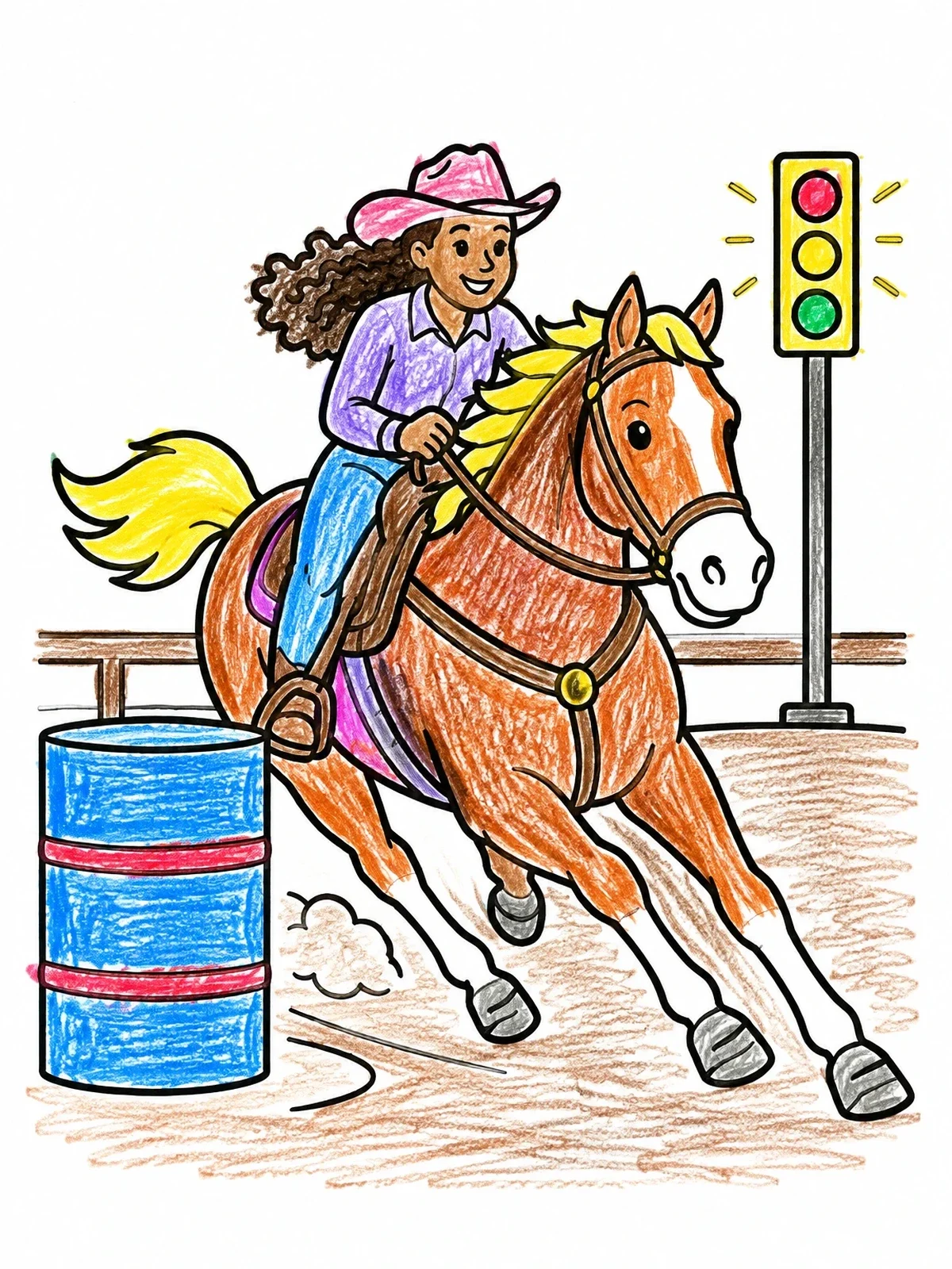 Colored example of the Cowgirl Galloping Past The Finish Line coloring page