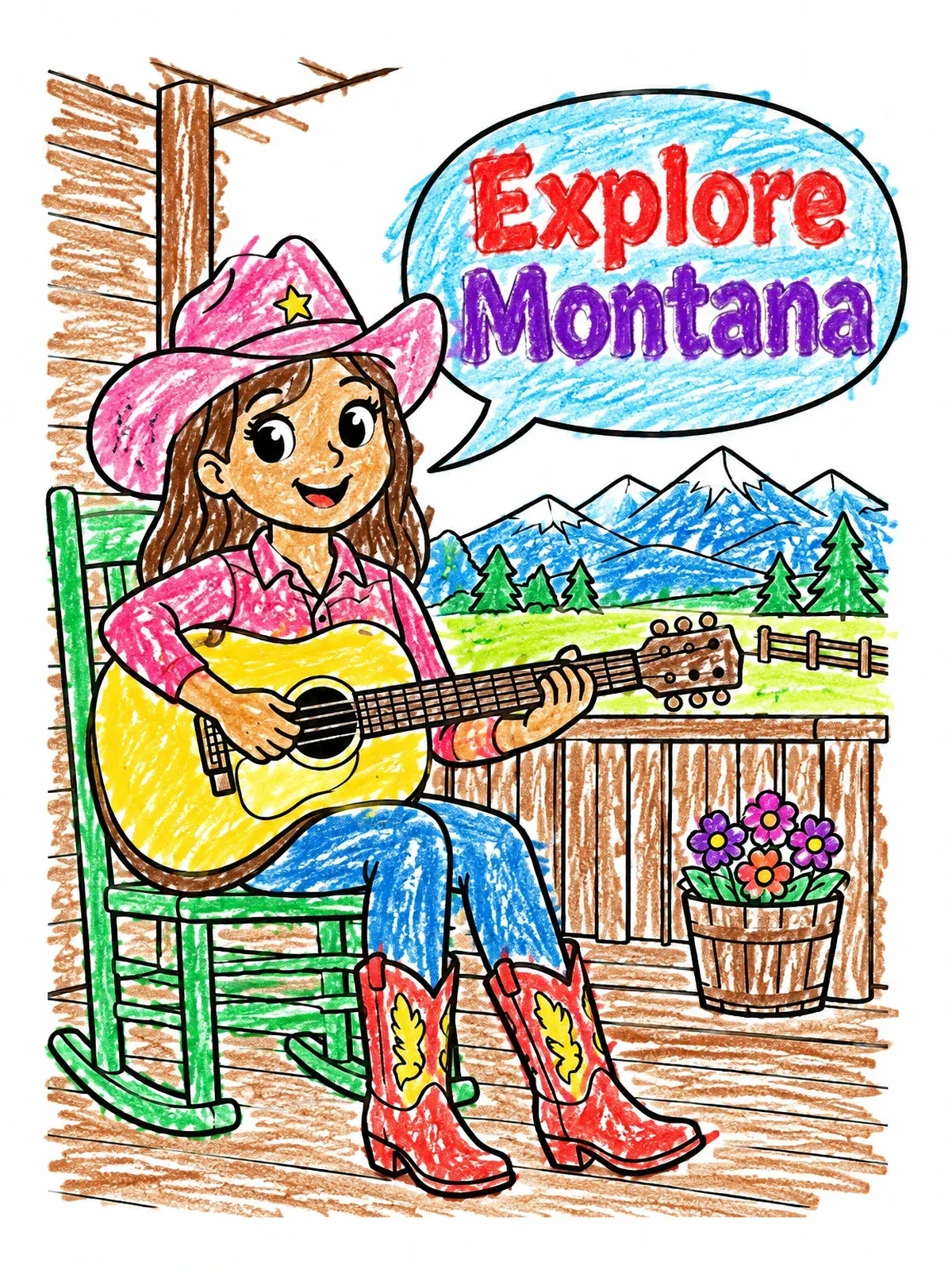 Colored example of the Cowgirl Playing Guitar In Montana coloring page