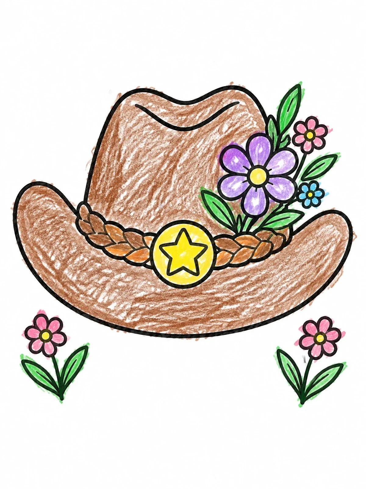 Colored example of the Cowgirl Hat With Wildflowers coloring page