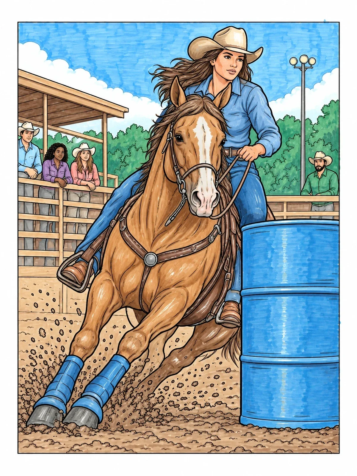 Colored example of the Cowgirl Galloping Around The Arena Barrel coloring page