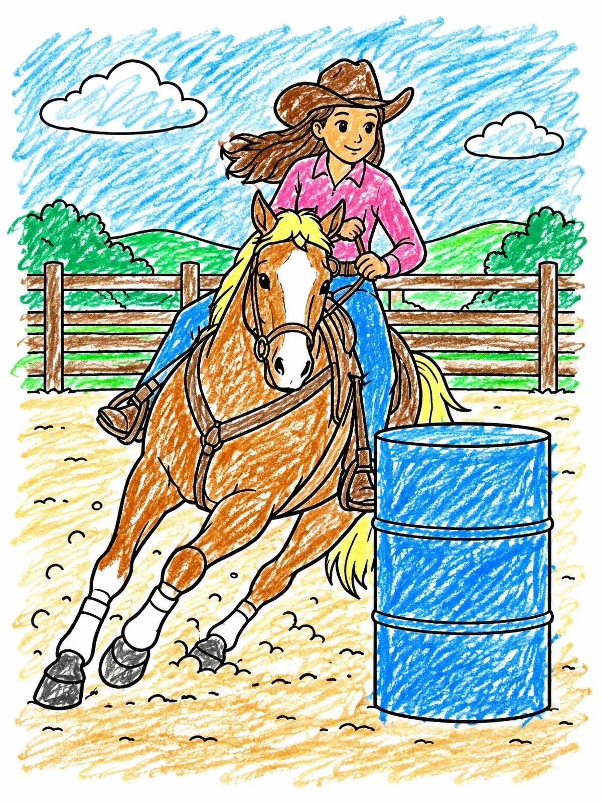 Colored example of the Cowgirl Galloping Around A Barrel coloring page