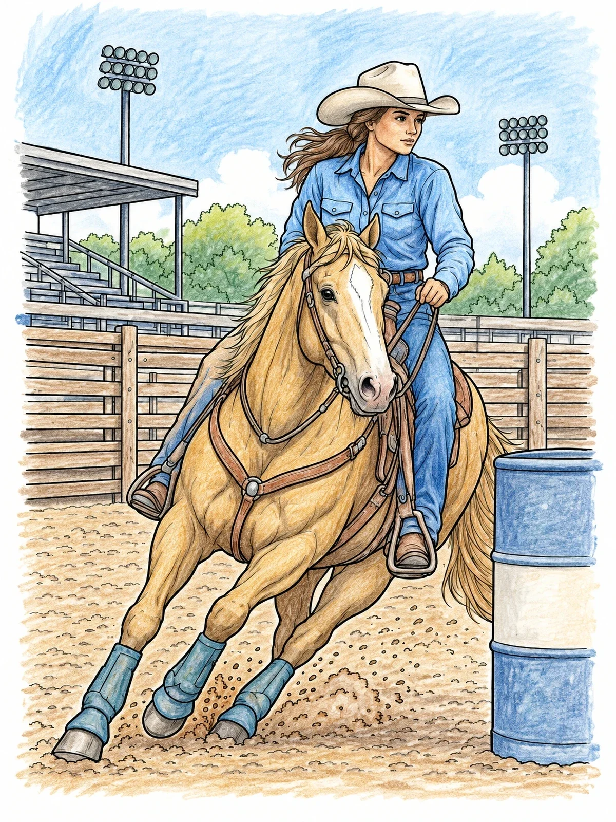 Colored example of the Cowgirl Galloping Around The Barrel coloring page