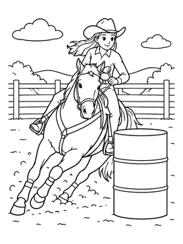 Free printable Cowgirl Galloping Around A Barrel coloring page