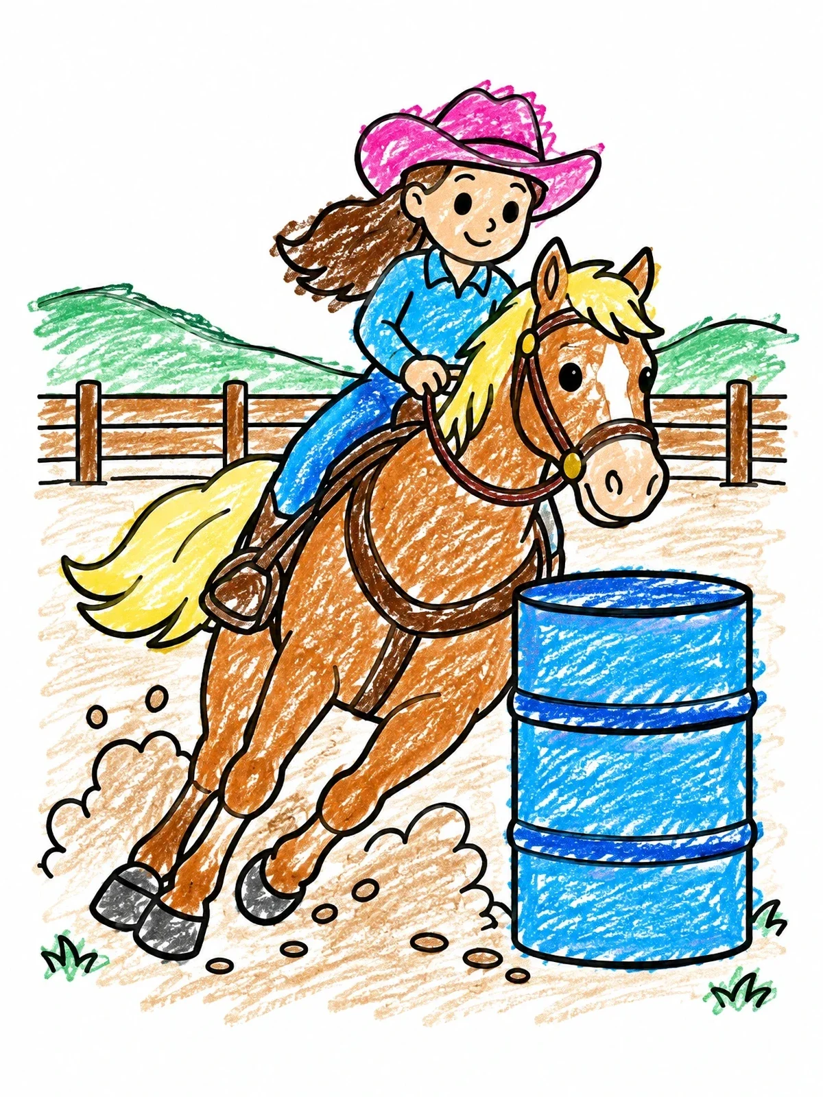 Colored example of the Cowgirl Galloping Around A Barrel coloring page
