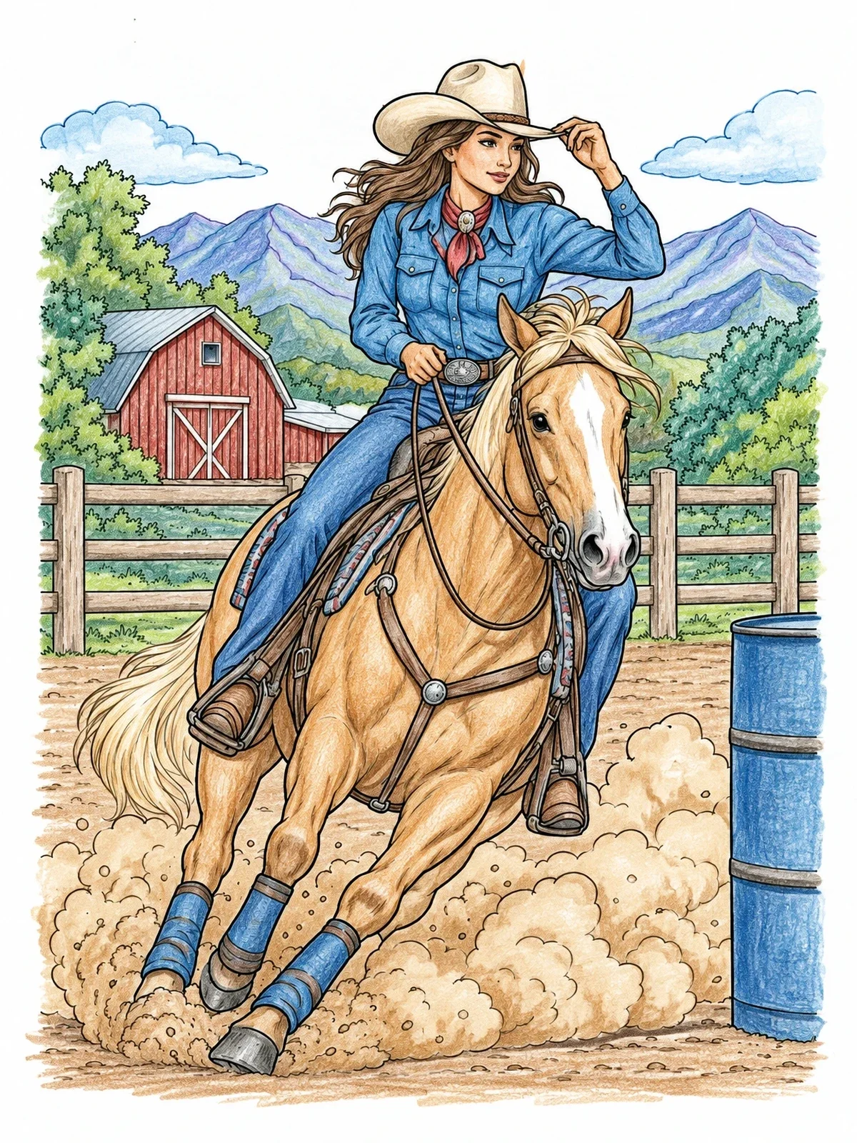 Colored example of the Cowgirl Galloping Around The Barrel coloring page