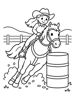 Free printable Cowgirl Galloping Around A Barrel coloring page