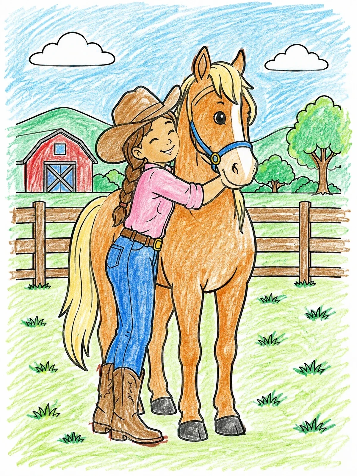 Colored example of the Cowgirl Hugging Her Gentle Horse coloring page