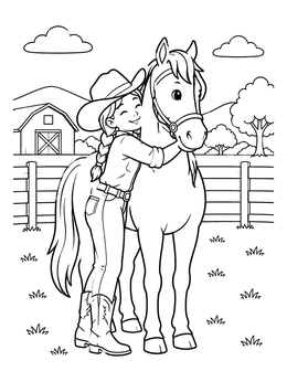 Free printable Cowgirl Hugging Her Gentle Horse coloring page