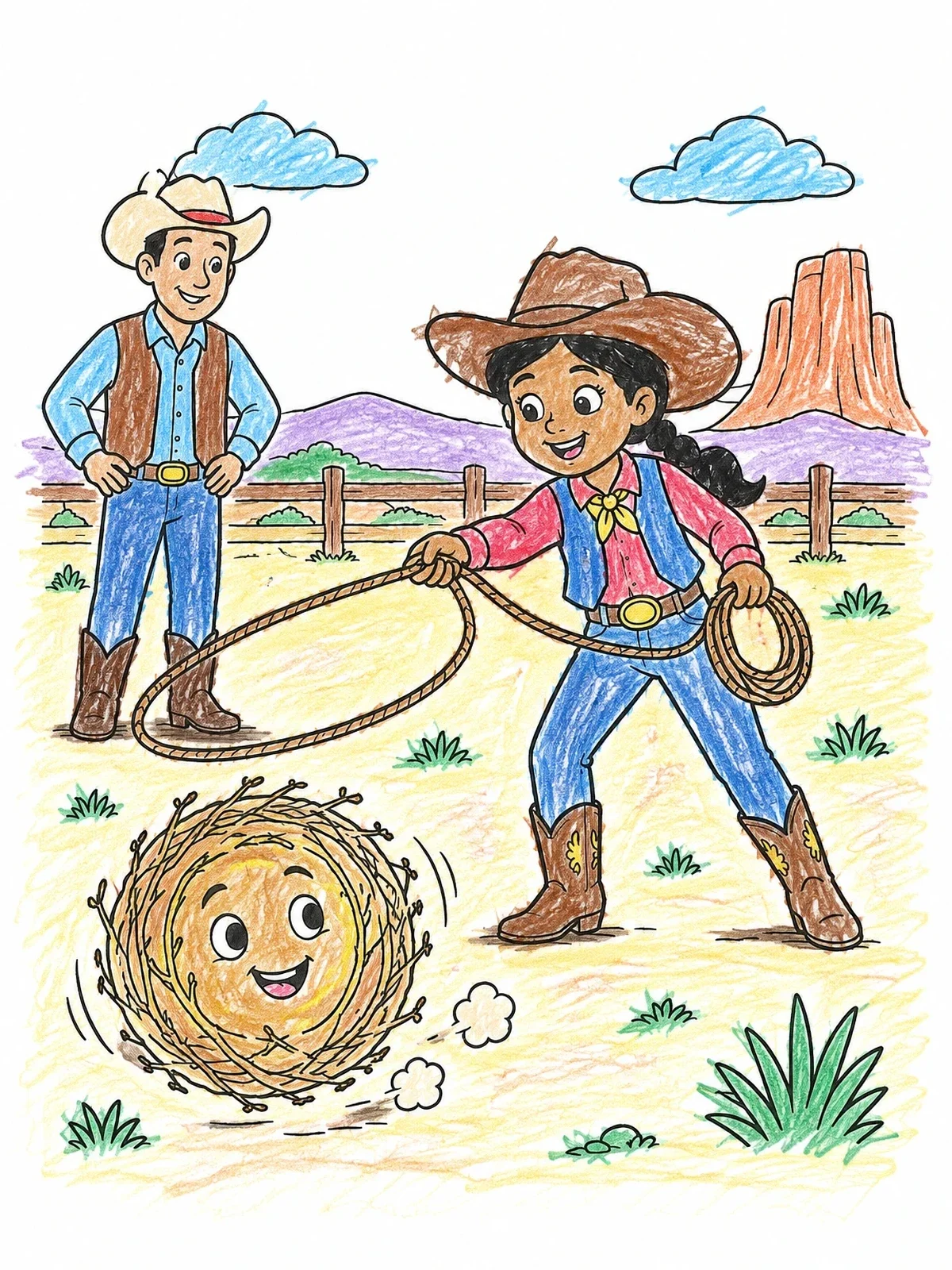 Colored example of the Cowgirl Lassoing A Rolling Tumbleweed coloring page