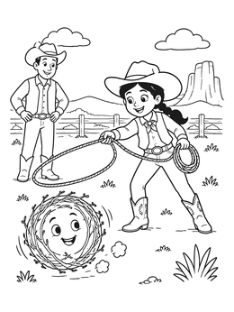 Free printable Cowgirl Lassoing A Rolling Tumbleweed coloring page