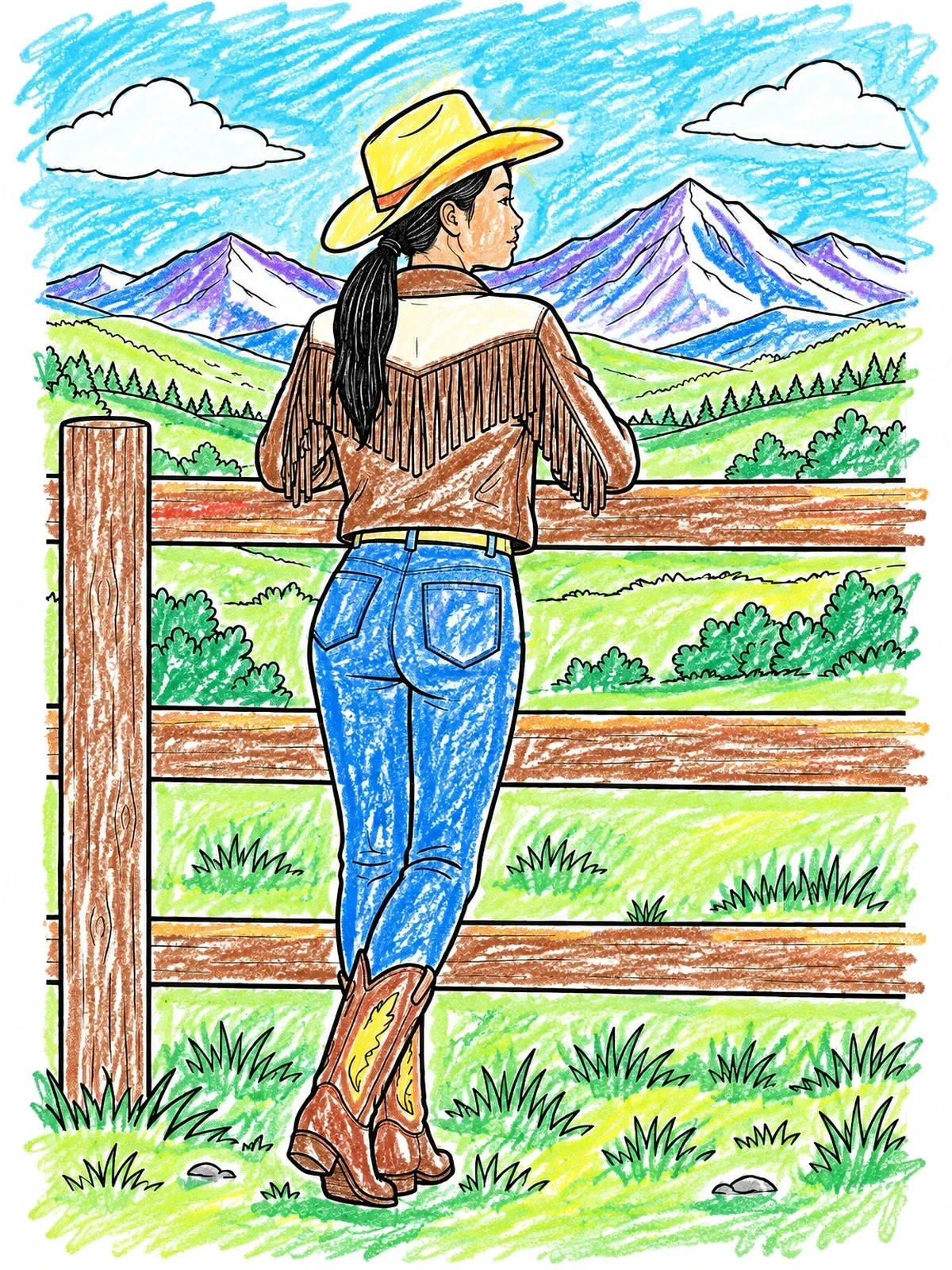 Colored example of the Cowgirl Leaning On Ranch Fence coloring page