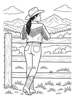 Free printable Cowgirl Leaning On Ranch Fence coloring page