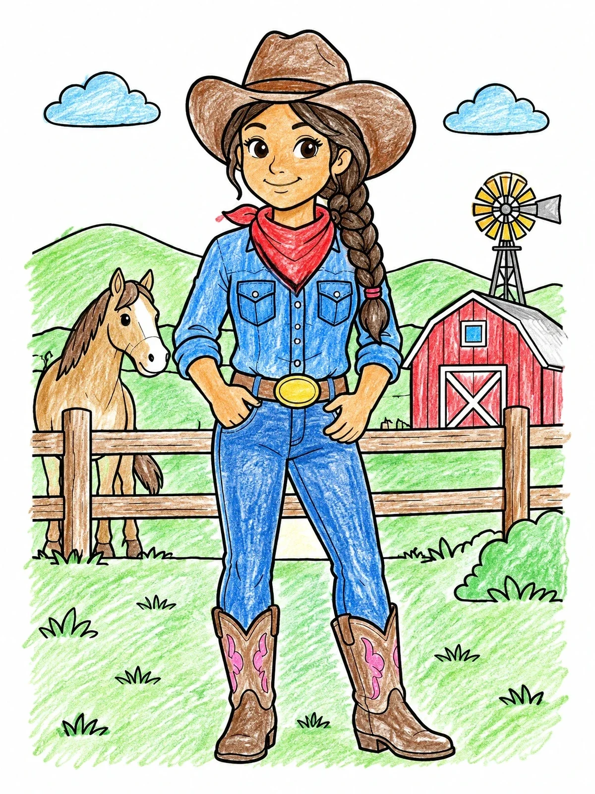 Colored example of the Cowgirl On The Ranch coloring page