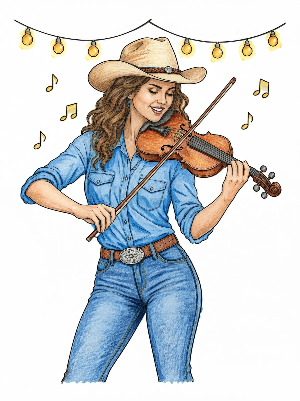 Colored example of the Cowgirl Playing Country Fiddle coloring page