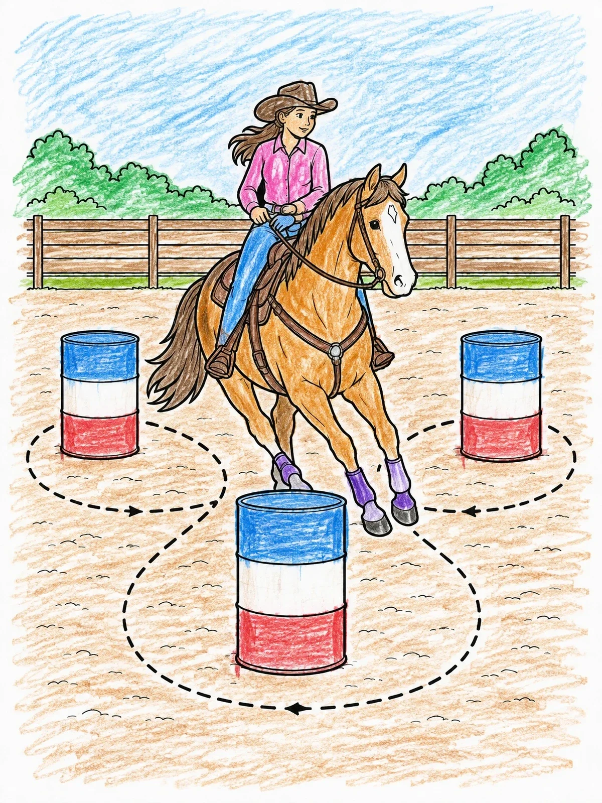 Colored example of the Cowgirl Practicing Barrel Racing Pattern coloring page