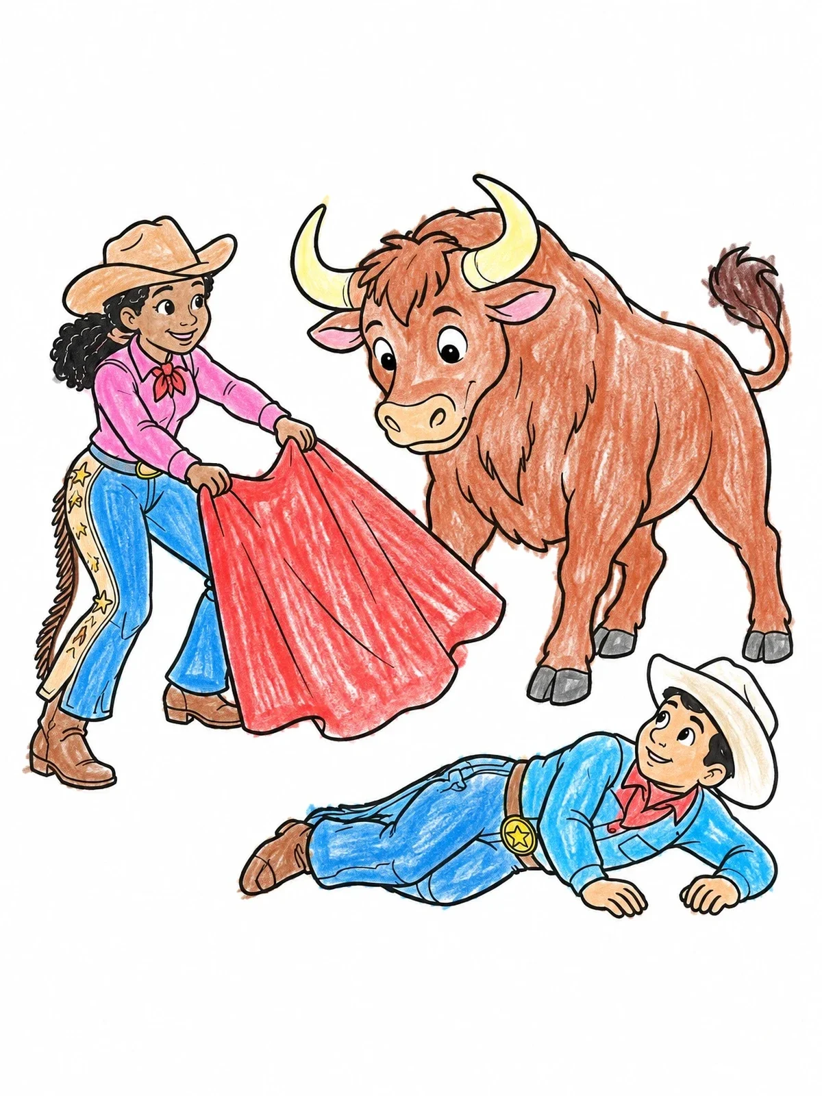 Colored example of the Cowgirl Rescuing Rodeo Friend From Bull coloring page