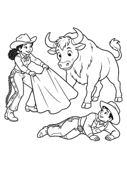 A brave cowgirl distracts a bull from a fallen cowboy in this bull coloring page.