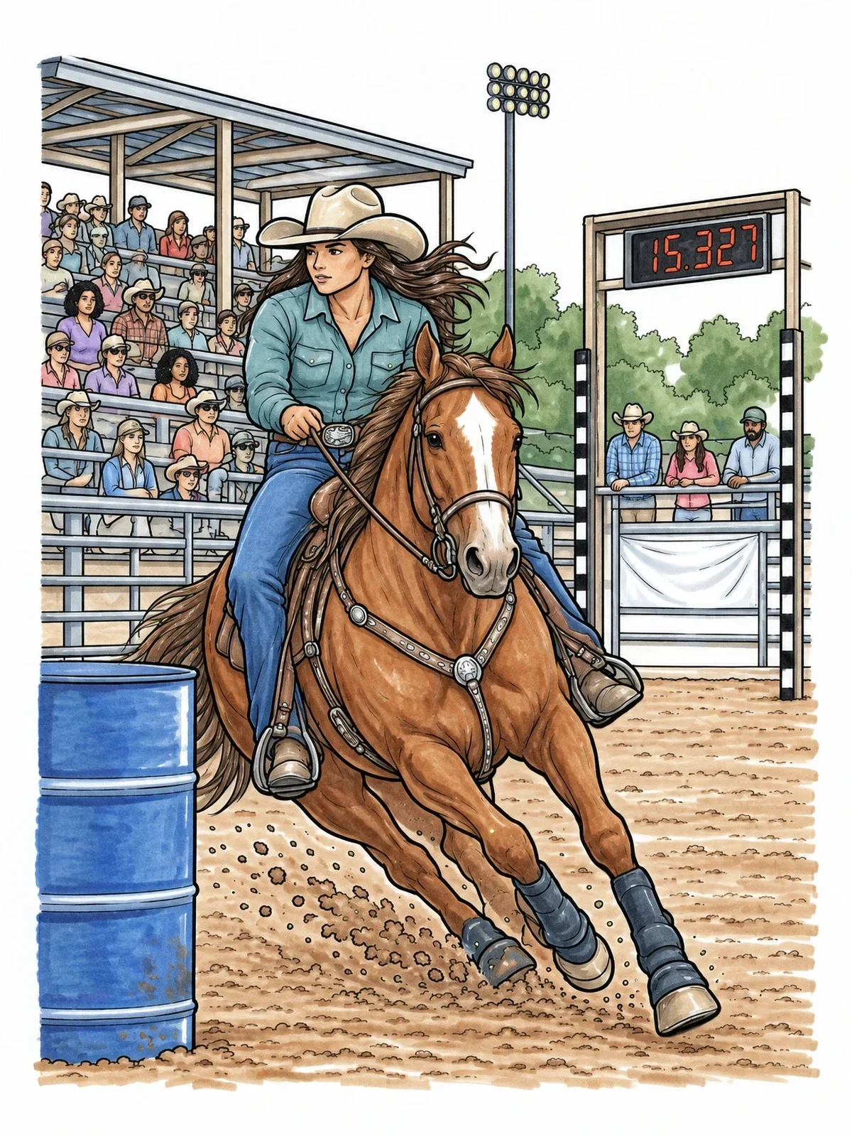 Colored example of the Cowgirl Galloping Past The Arena Barrel coloring page