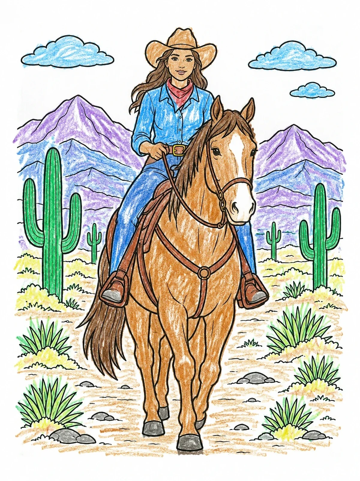 Colored example of the Cowgirl Riding Horse In Desert coloring page
