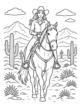 Free printable Cowgirl Riding Horse In Desert coloring page