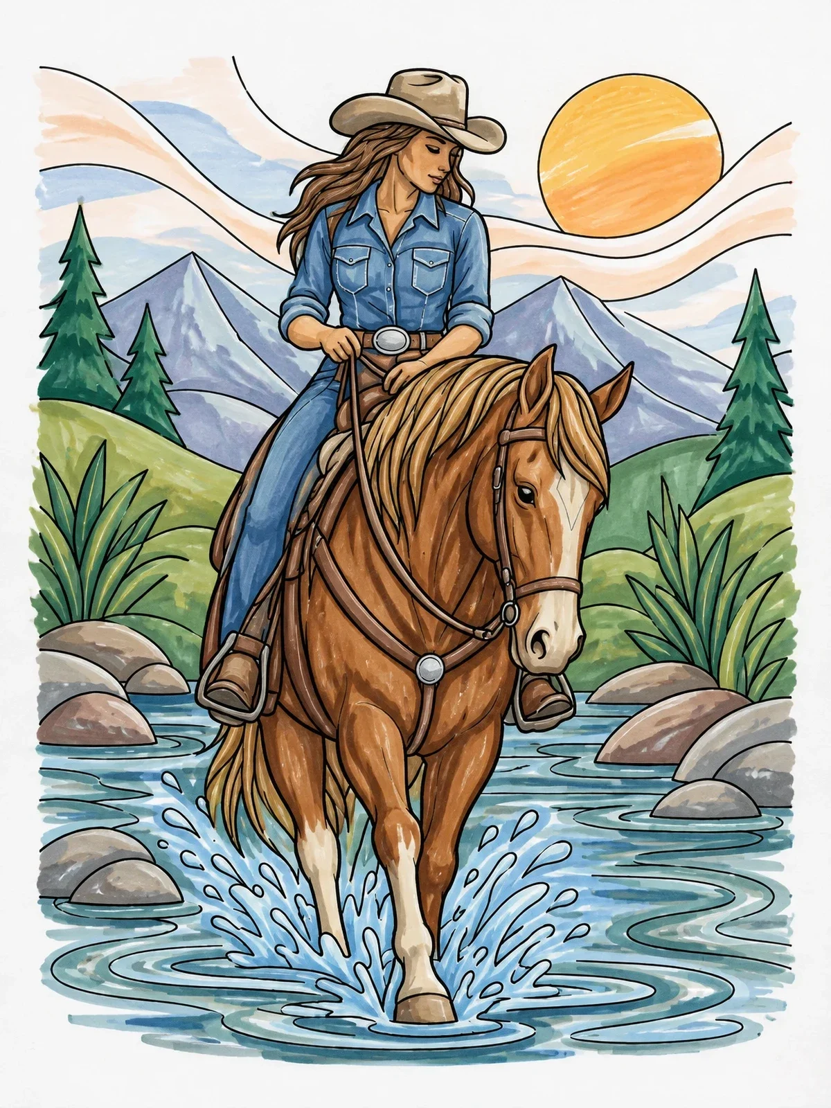 Colored example of the Cowgirl Riding Horse Through Creek coloring page