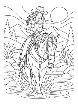 Free printable Cowgirl Riding Horse Through Creek coloring page