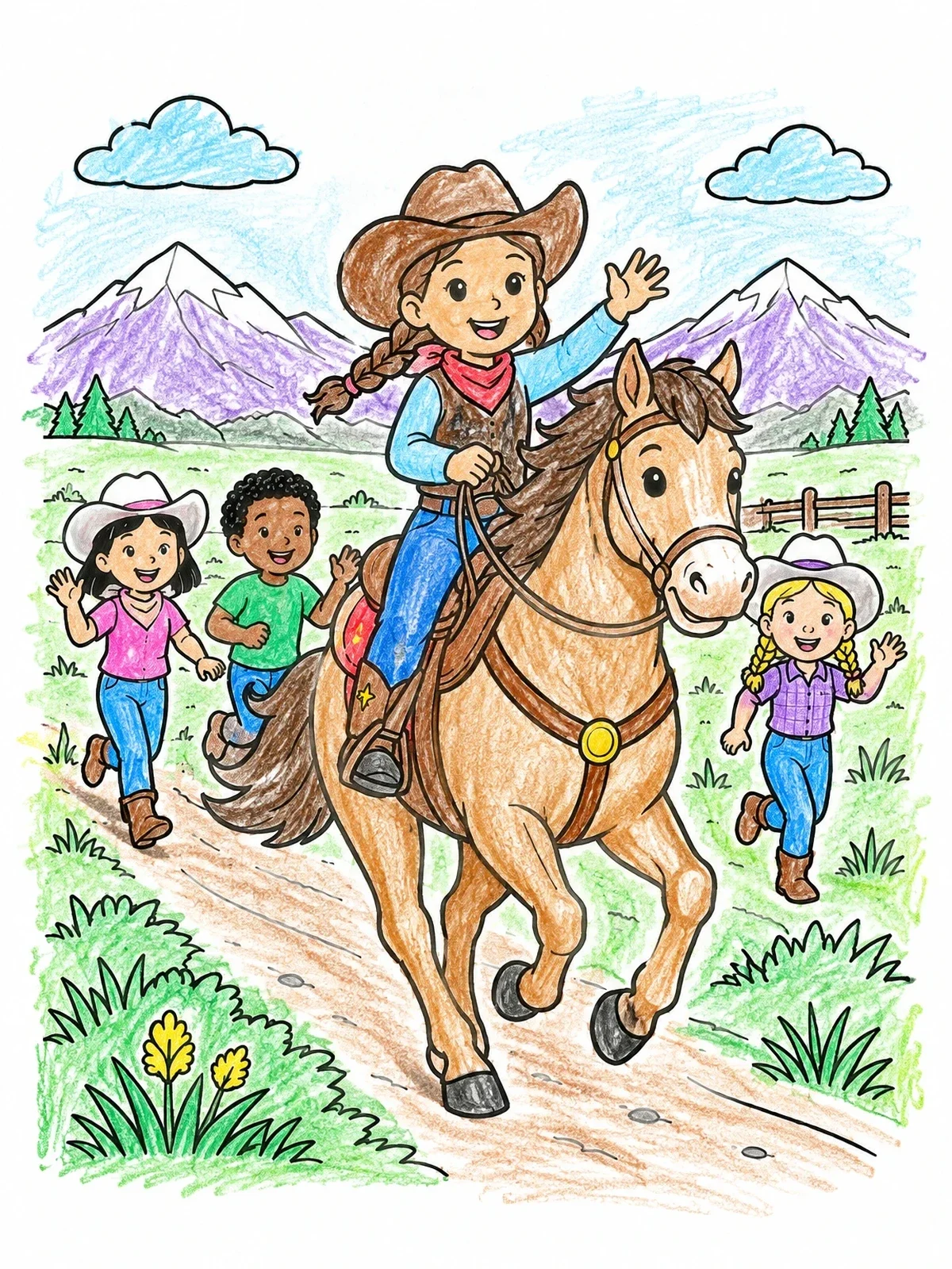 Colored example of the Cheerful Cowgirl Riding With Friends coloring page