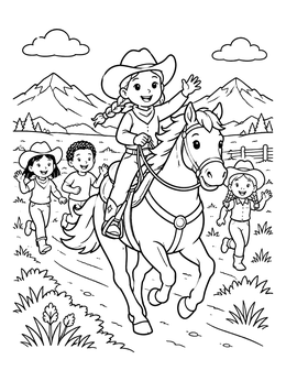 Free printable Cheerful Cowgirl Riding With Friends coloring page