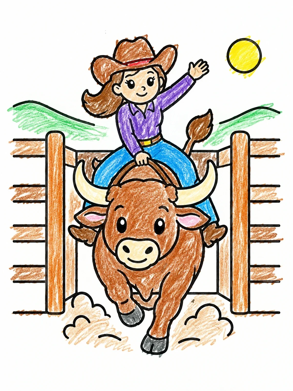 Colored example of the Cowgirl Riding A Rodeo Bull coloring page