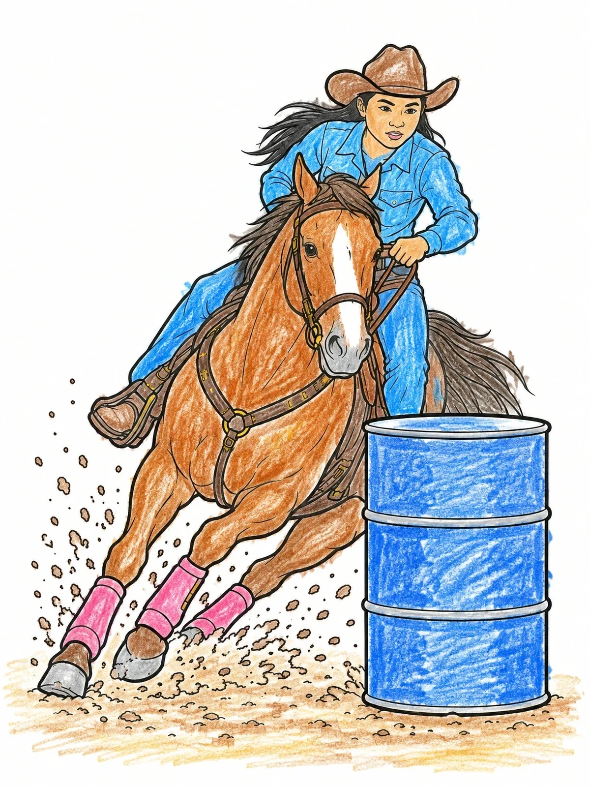 Colored example of the Cowgirl Galloping Around A Rodeo Barrel coloring page
