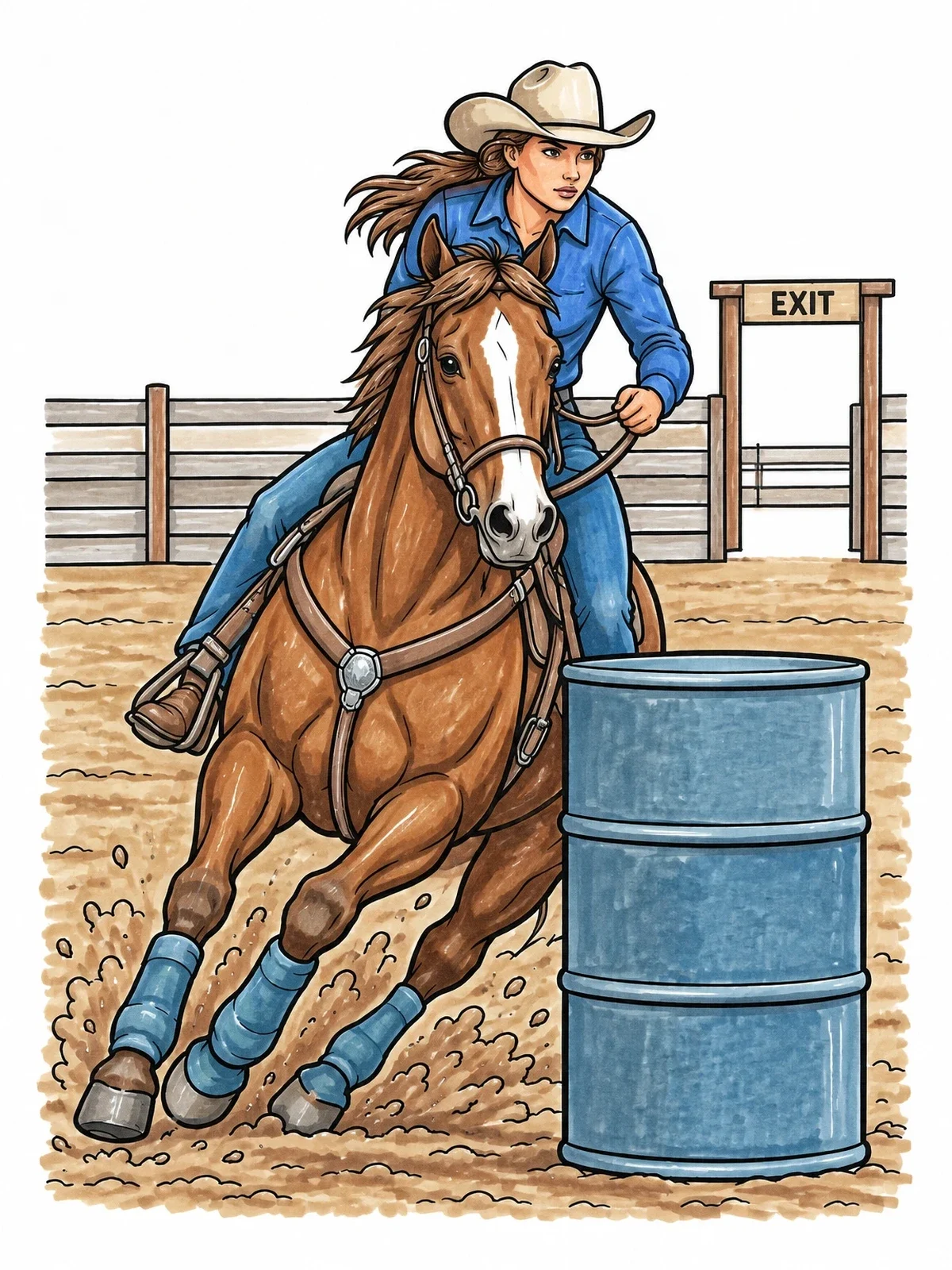 Colored example of the Cowgirl Rounding Barrel In Rodeo Arena coloring page