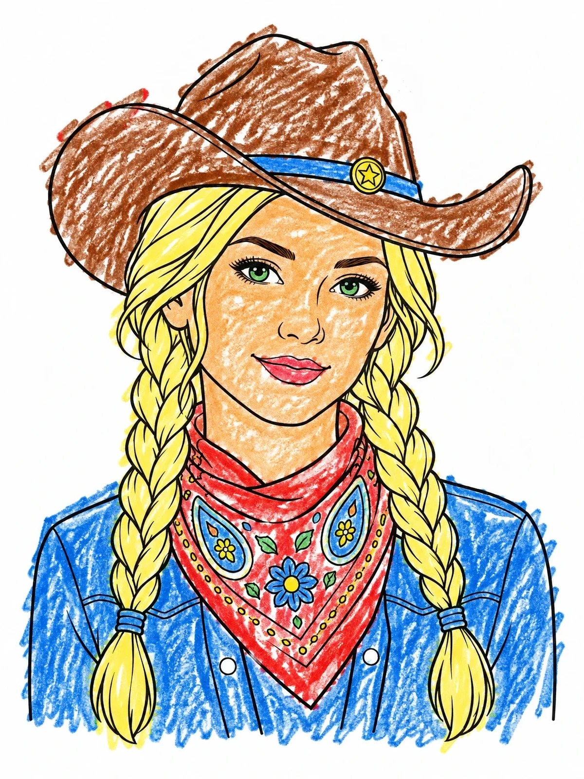 Colored example of the Cowgirl With Braids And Bandana coloring page