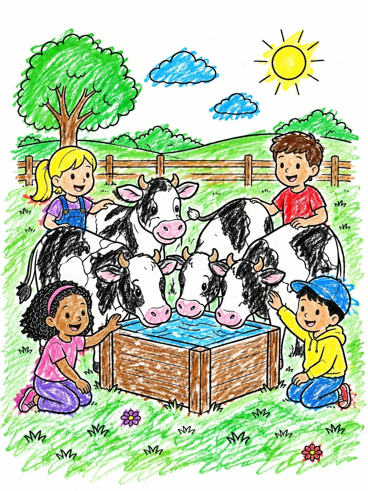 Colored example of the Cows Drinking At The Farm Trough coloring page