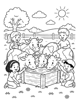 Free printable Cows Drinking At The Farm Trough coloring page